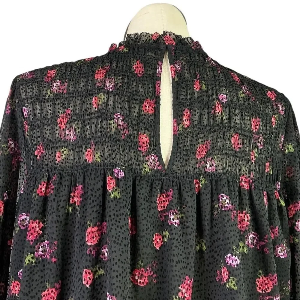 Banana Republic Top Women L Black Red Floral Velvet Dot Smocked Ruffle Collar
